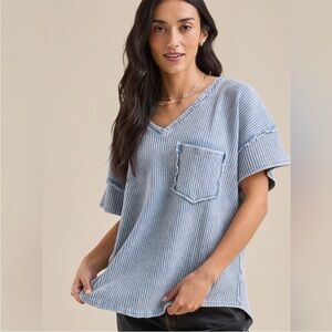 Altar'd State Turquoise Ribbed V-Neck Short Sleeve Top